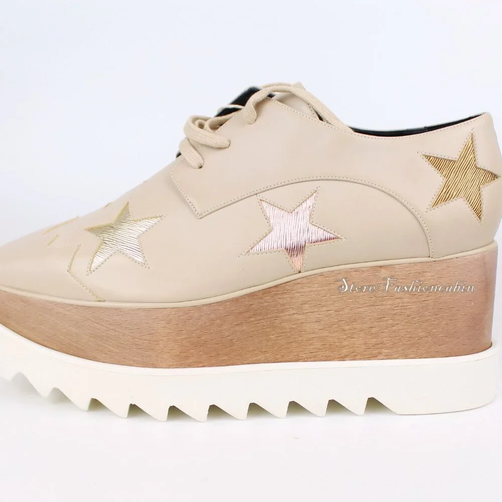 NEW Stella Mccartney Elyse Star Platform Sneakers, Beige Rose Gold Star, EU 40.5